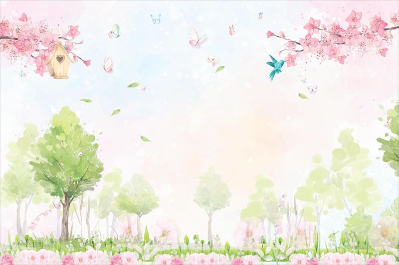 Imagem de Painel de Lona Jardim Aquarela Florido Fundo Rosa - 200x150cm