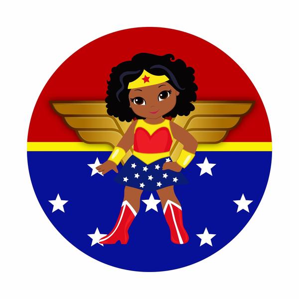 Painel de Lona Redondo Menina Maravilha Negra Escudo Estrelas - Fabrika da Festa Imagem de Painel de Lona Redondo Menina Maravilha Negra Escudo Estrelas
