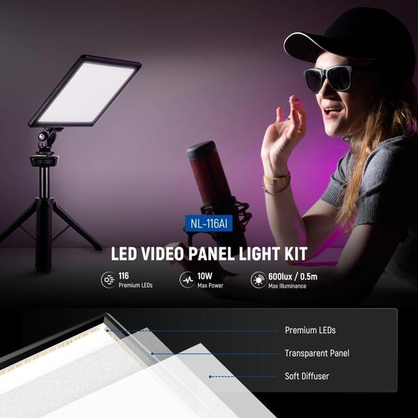 Painel de luz de vídeo LED Neewer NL-116AI com tripé e bateria Imagem de Painel de luz de vídeo LED Neewer NL-116AI com tripé e bateria