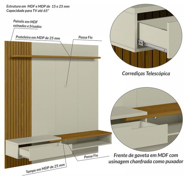Imagem de Painel Decor Ripado P/Tvs Até 65 Polegadas C/ Nicho Suspenso 180cm Off White/Cedro - Olivar Móveis