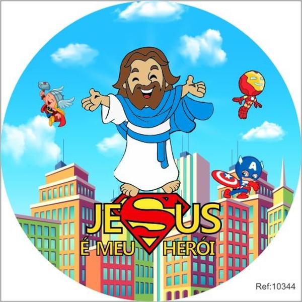 Painel Decorativo redondo tema Jesus meu Herói em Tecido estampado medida 1,50 X 1,50 C/elástico - STAMP & DECOR Imagem de Painel Decorativo redondo tema Jesus meu Herói em Tecido estampado medida 1,50 X 1,50 C/elástico