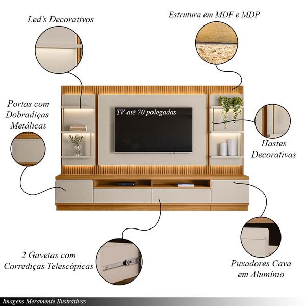 Imagem de Painel e Bancada Rack Sala de Estar 297cm Madalena Modulado LED Ripado TV até 70 Tauari/Off White G77 - Gran Belo