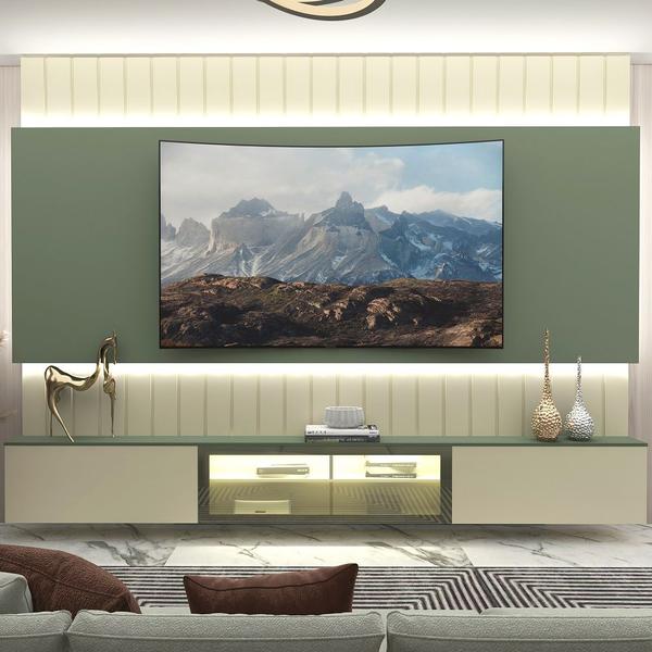 Imagem de Painel Estante Home Suspenso Gelius Soberano Reflecta para TV de até 85 polegadas com LED OFF White Verde Floresta