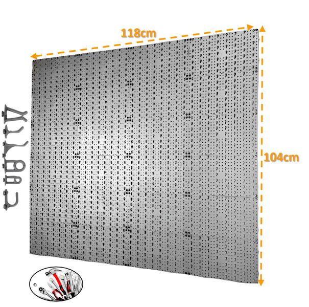 Imagem de Painel Expositor De Ferramentas Modular 118cm x 104cm Em Plástico Perfurado Com 96 Ganchos Parede Cinza - AMZ