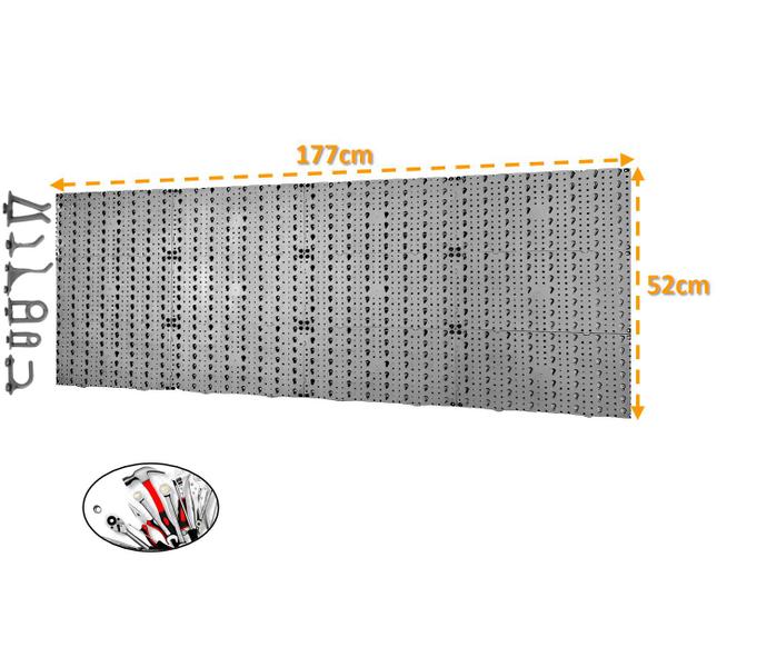 Imagem de Painel Expositor De Ferramentas Modular 177cm x 52cm Em Plástico Perfurado Com 72 Ganchos Parede Cinza - AMZ