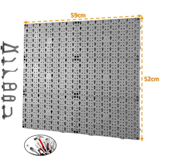 Imagem de Painel Expositor De Ferramentas Modular 59cm x 52cm Em Plástico Perfurado Com 24 Ganchos Parede Cinza - AMZ