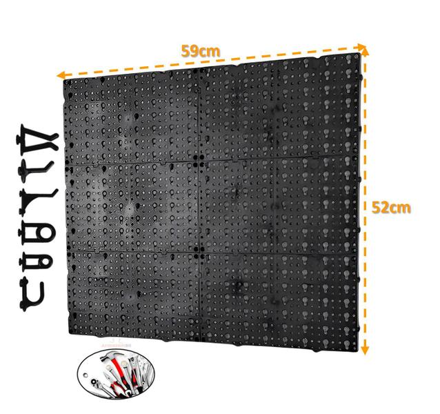 Imagem de Painel Expositor De Ferramentas Modular 59cm x 52cm Em Plástico Perfurado Com 24 Ganchos Parede Preto - AMZ