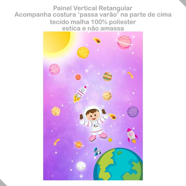 Imagem de Painel Festa Vertical em Tecido Casadinho Menina Astrounauta Rosa Planetas no Sistema Solar