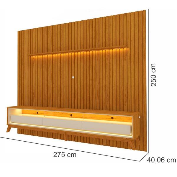 Imagem de Painel Gelius Nobre com ripas autênticas e Rack requinte com LED largura 275 cm para TV de 85 polegadas Naturalle/OFF White