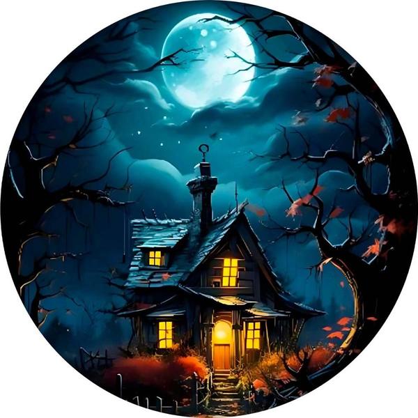 Imagem de Painel Halloween Redondo Casa Mal Assombrada em Tecido Premium Com Elástico Azul e Amarelo