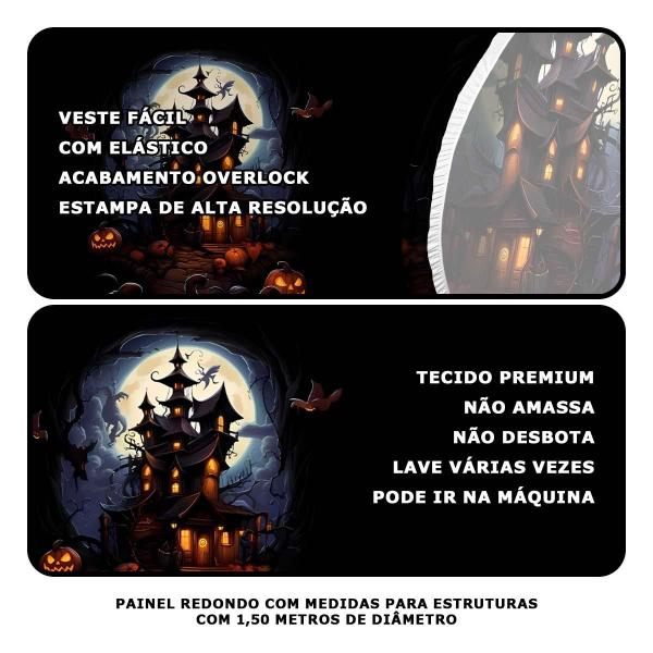 Imagem de Painel Halloween Redondo Casa Mal Assombrada em Tecido Premium Com Elástico Azul e Amarelo