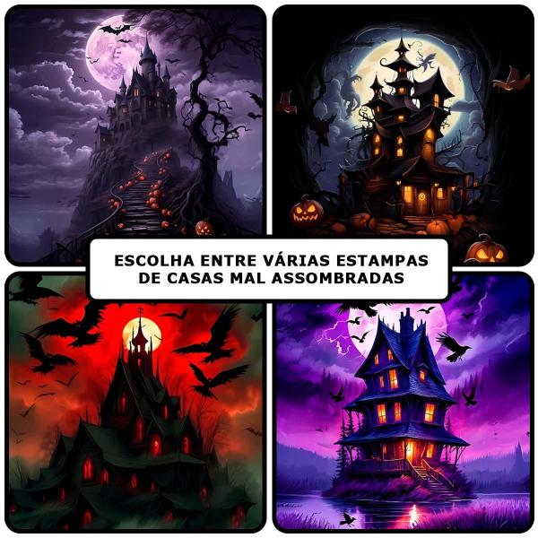 Imagem de Painel Halloween Redondo Casa Mal Assombrada em Tecido Premium Com Elástico Azul e Amarelo