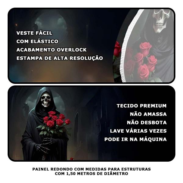 Imagem de Painel Halloween Redondo de Terror Morte Mula sem Cabeça Tecido Premium Com Elástico Morte