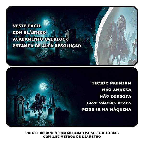 Imagem de Painel Halloween Redondo Morte e Mula sem Cabeça Tecido Premium Com Elástico + Suporte Cavaleiro