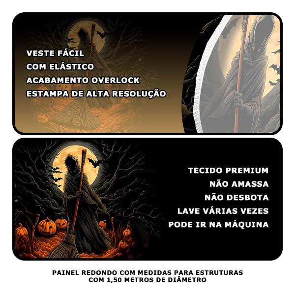 Imagem de Painel Halloween Redondo Morte e Mula sem Cabeça Tecido Premium Com Elástico + Suporte Cavaleiro