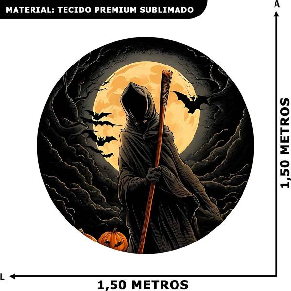 Imagem de Painel Halloween Redondo Morte e Mula sem Cabeça Tecido Premium Com Elástico + Suporte Cavaleiro