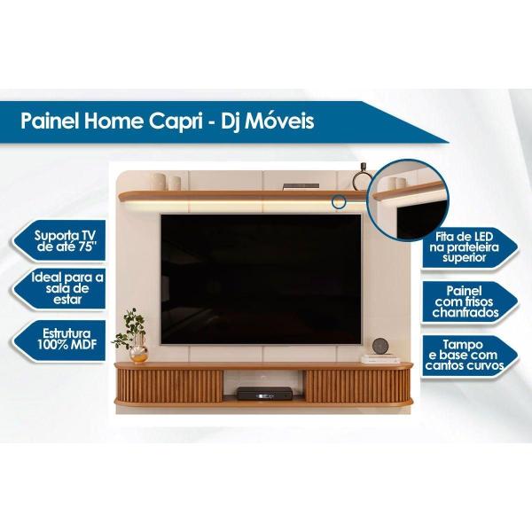 Imagem de Painel Home p/TV até 75 Polegadas Capri 100% MDF c/ Led e Bancada 215x170cm Off White/Freijó - DJ Móveis