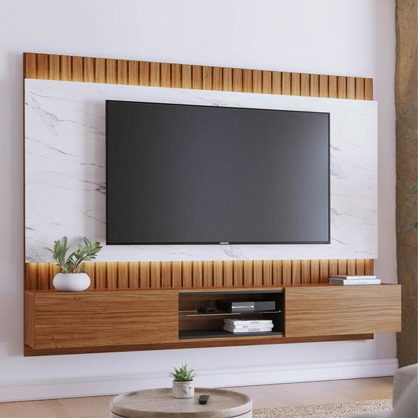 Imagem de Painel Home Suspenso para TV 70 Pol. com LED 218cm Rios C05 Noce/Preto/Calacatta - Mpozenato