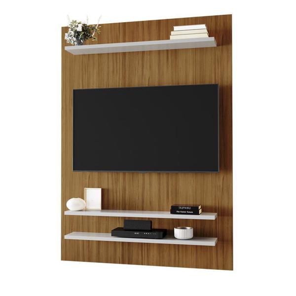 Imagem de Painel Home Suspenso Para TV Até 50 Polegadas 3 Prateleiras Sala de Estar Marrom Madeira e Off White