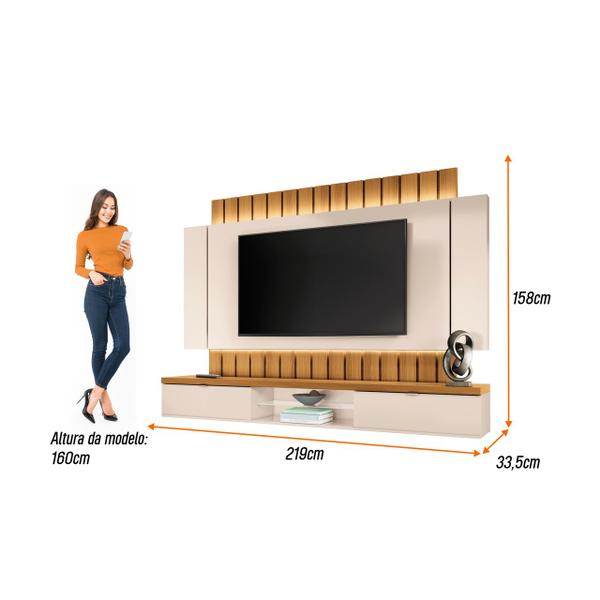 Imagem de Painel Home Suspenso Ripado Led Sala Estar Escritório Quarto TV Até 70 polegadas 2 Portas Basculantes 1 Prateleira De Vidro Illusion 2.2