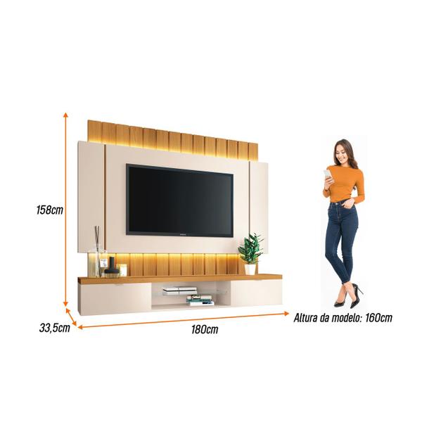 Imagem de Painel Home Suspenso Ripado Led Sala Estar Quarto Escritório TV Até 55 Polegadas 2 Portas Basculantes E Prateleira De Vidro Illusion 1.8