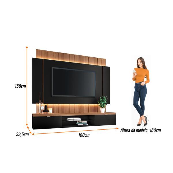 Imagem de Painel Home Suspenso Ripado Led Sala Estar Quarto Escritório TV Até 55 Polegadas 2 Portas Basculantes E Prateleira De Vidro Illusion 1.8