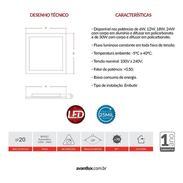 Imagem de Painel led de embutir quadrado 22cm 18w 6500k bivolt emissão de luz branca avant