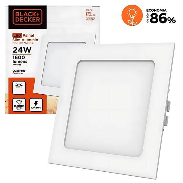 Imagem de Painel Led Slim Quadrado Embutir 100-240V 24W 4000K 1600 Lúmens Black+Decker