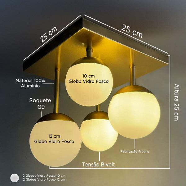 Imagem de Painel Lustre Luminária De Teto Quadrada Jabuticaba 4 Globos Esfera de Vidro 110V/220V 