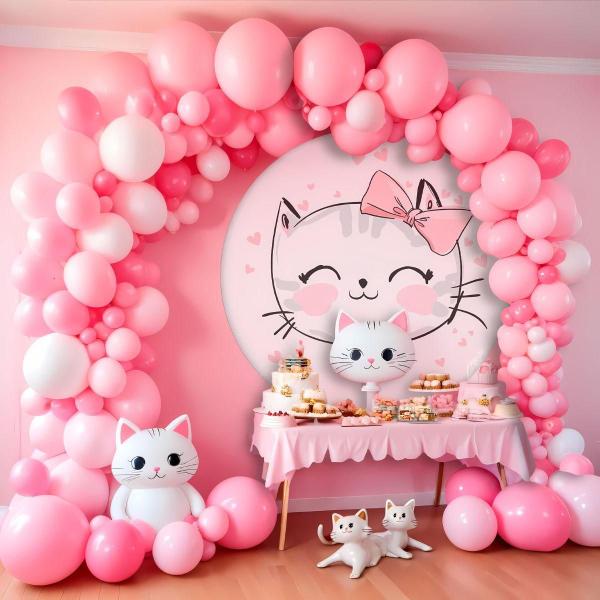 Imagem de Painel para Decoração de Festa Aniversário Gatinha Menina Redondo com Elástico em Tecido Sublimado Premium