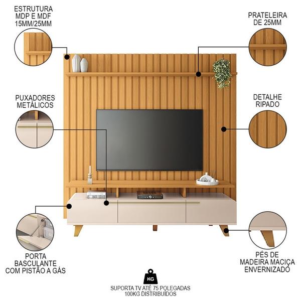 Imagem de Painel para TV 70 Pol Ripado 2.2 e Rack Bancada Amago H01 Off White/Cinamomo - Mpozenato