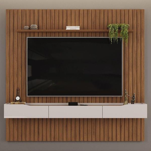 Imagem de Painel Para Tv 75 Pol Ripado Com Bancada Suspensa 223x212cm Pratisk D04 Freijó-off White - Mpozenato