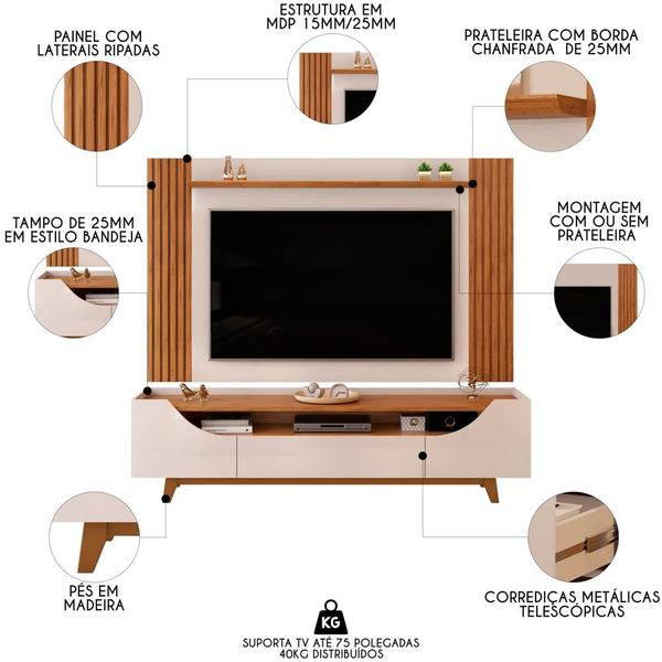 Imagem de Painel Para TV 75 Pol Ripado e Rack Bancada 219cm Giulia D04 Off White/Freijó - Mpozenato