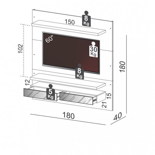 Imagem de Painel para TV até 60 Polegadas 2 Gavetas Espelhadas e LED TB107E 180cm Dalla Costa