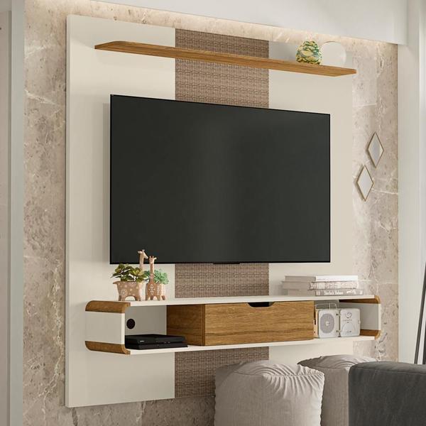 Imagem de Painel para TV Efeito Palha com Nichos Eleonor Off White Cinamomo