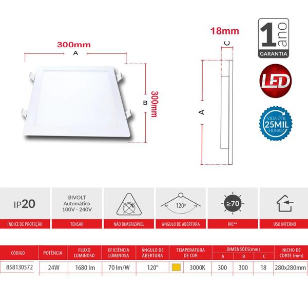 Imagem de Painel Pop Led Embutir Quadrado 24w Luz Amarela Bivolt 30cm