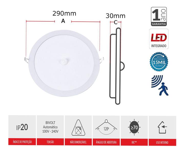 Imagem de Painel Pop Redondo Embutir Sensor Movimento 24W 6500K Avant