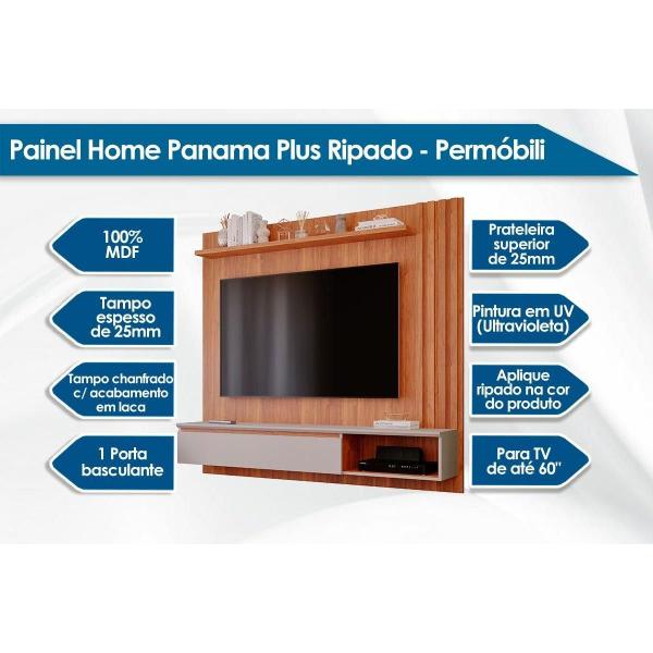 Imagem de Painel Quarto p/ TV até 60 Pol Panama Plus Ripado c/ 1 Porta 162x157cm Cinamomo/Off White - Permóbili