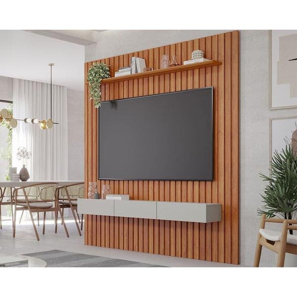 Imagem de Painel Quarto p/ TV até 65 Pol Maragogi Ripado c/ 1 Porta e 2 Gavetas 185x220cm Cinamomo/Off White - Permóbili