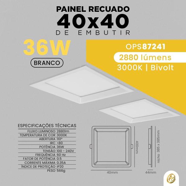 Imagem de Painel Recuado Led Branco Embutir 36W Quadrado 40Cm Quente