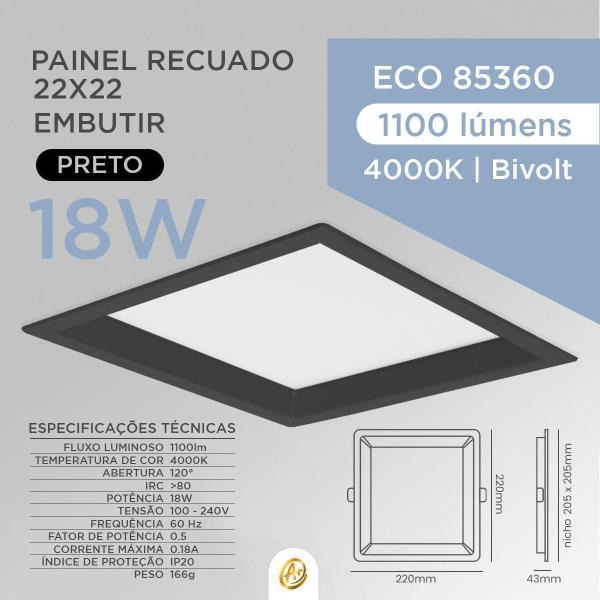 Imagem de Painel Recuado Led Preto Embutir 18W Quadrado 22X22 4000K