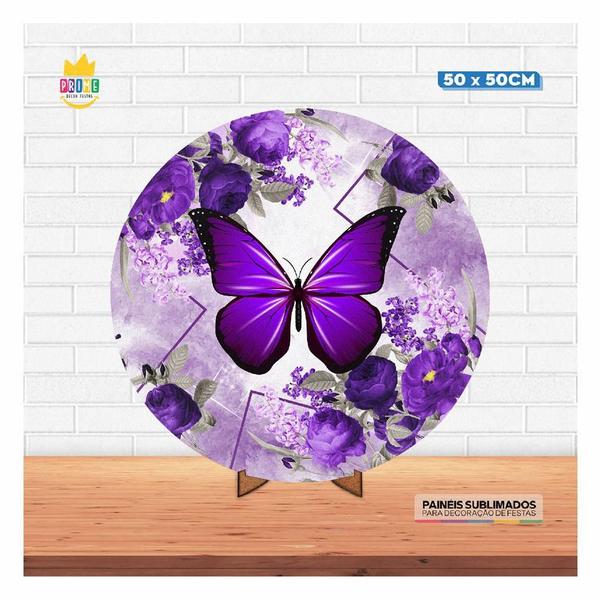 Imagem de Painel Redondo 3D Borboleta Tecido 50Cm X 50Cm Suporte Mdf