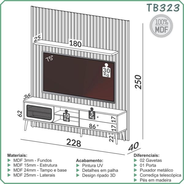 Imagem de Painel Ripado Com Rack Retrô e Fita Led Dalla Costa 2,5 m