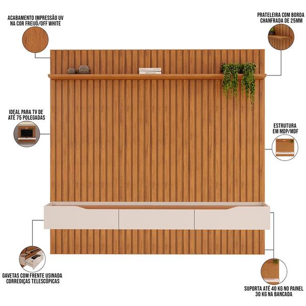 Imagem de Painel Ripado Para Sala TV 75 Pol com Bancada Suspensa 223x212cm Facile D05 Freijó - Lyam Decor