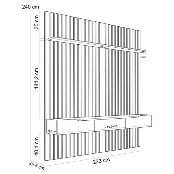 Imagem de Painel Ripado Para Sala TV 75 Pol com Bancada Suspensa 223x240cm Facile D05 Freijó - Lyam Decor