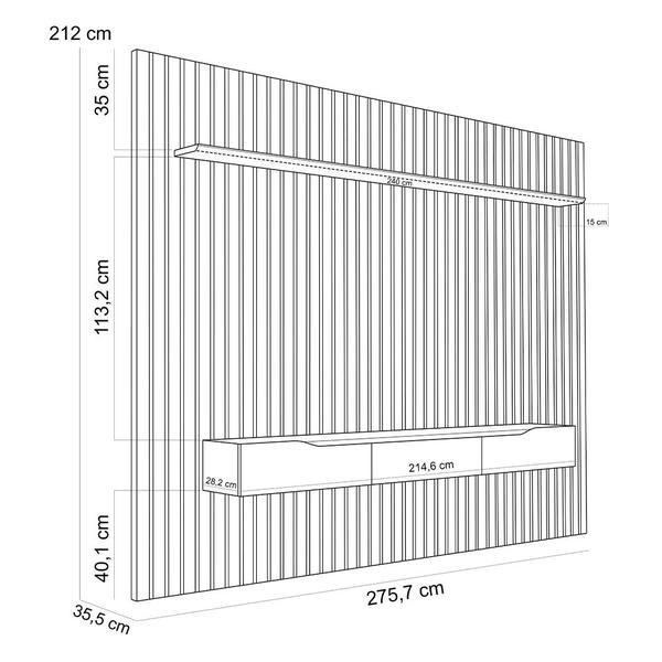 Imagem de Painel Ripado Para Sala TV 75 Pol com Bancada Suspensa 275x212cm Facile D05 Freijó - Lyam Decor