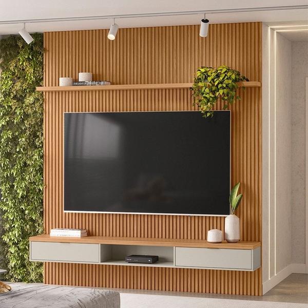 Imagem de Painel Ripado para TV 75 Pol. com Bancada 219cm Prime Plus L06 Nature/Off White - Mpozenato