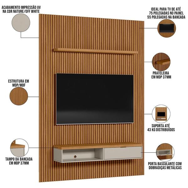 Imagem de Painel Ripado Para TV 75 Pol Slats e Bancada Lisa 180x250cm L05 Nature Off White - Lyam Decor