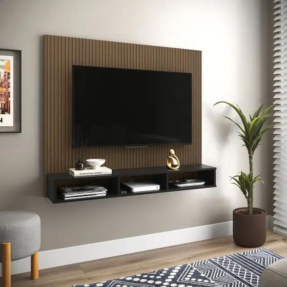 Imagem de Painel Sala Para TV Até 50 Polegadas Smart Plus - Cor: Preto Com Ripado Em 3D - Lojas G2 Móveis