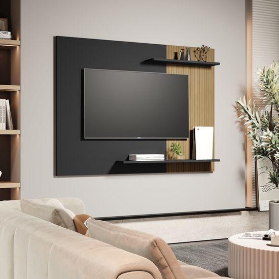 Imagem de Painel Sala Quarto TV Smart até 55 Polegadas Elena com prateleiras Cor Preto / Ripado - MJM Casa dos Moveis